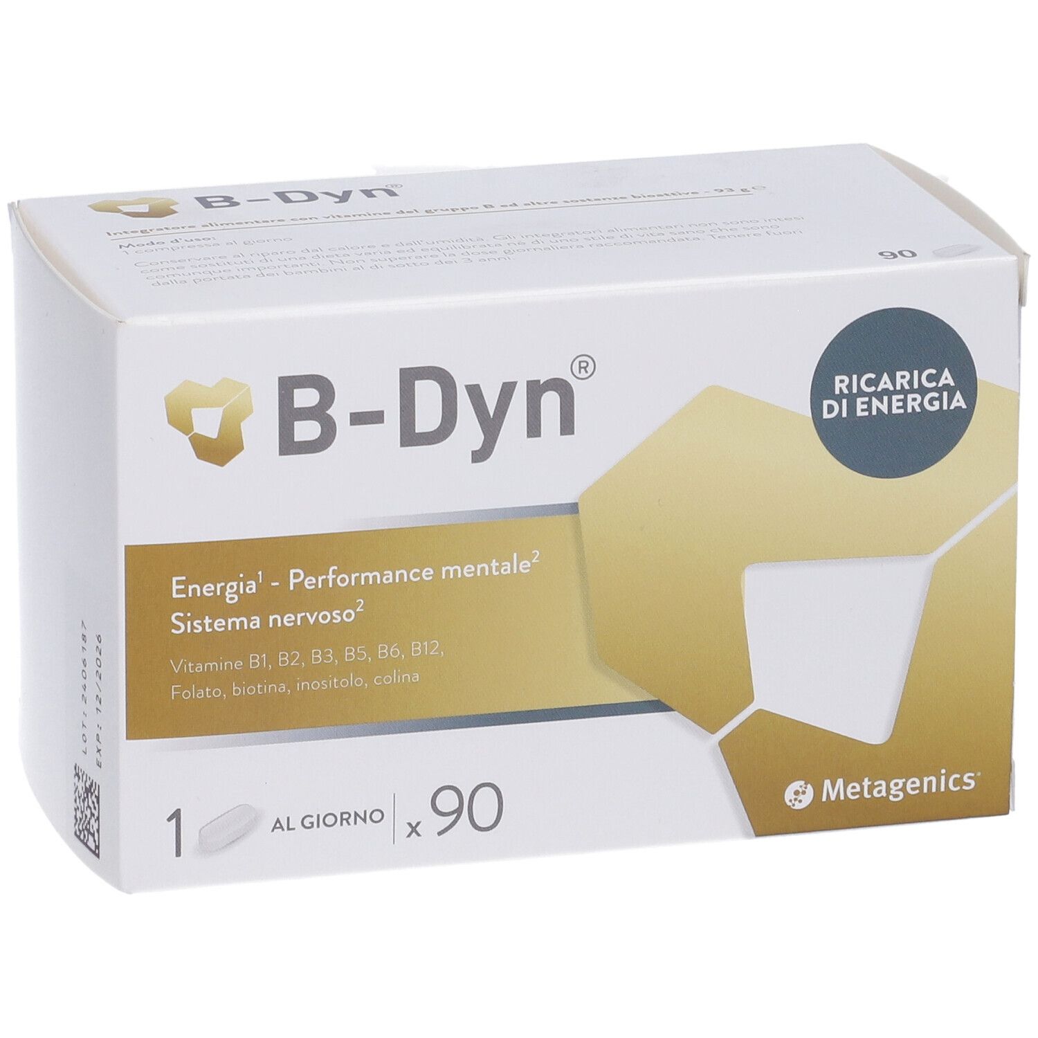 Scatola bianca B-Dyn®. Contiene 90 compresse. Logo Metagenics in basso a destra. Testo: Energia, performance mentale.