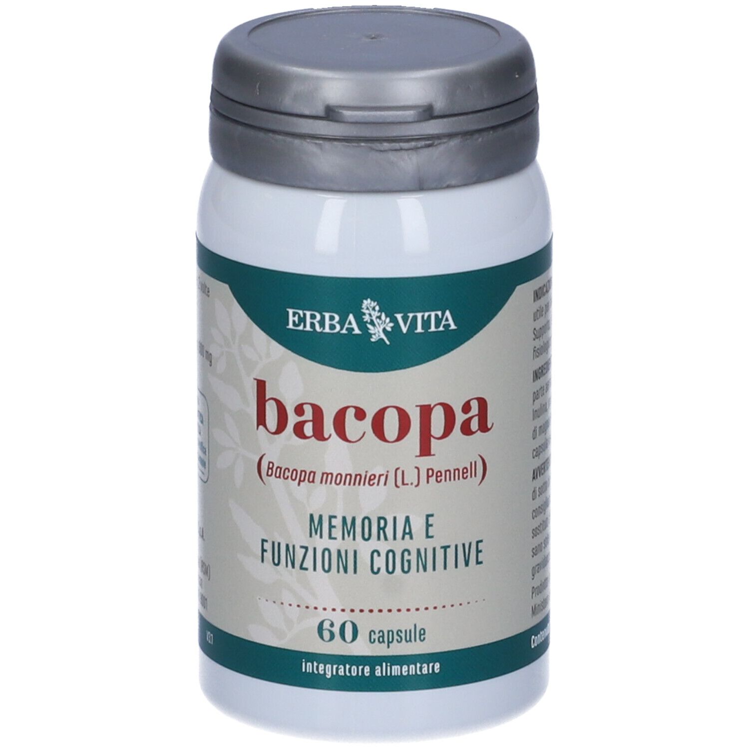 Flacone bianco con tappo grigio. Scritta: Bacopa, 60 capsule. Marchio: Erba Vita.