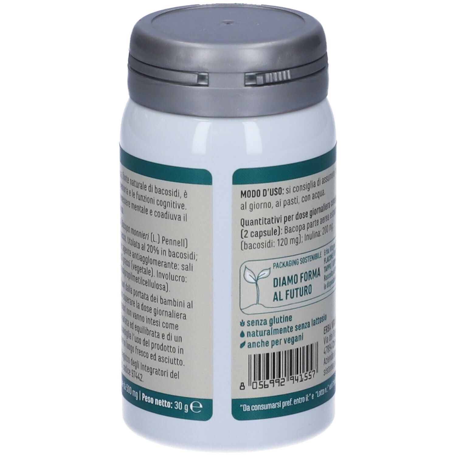 Retro del flacone bianco. Informazioni testuali, inclusi ingredienti e peso. Tappo grigio.