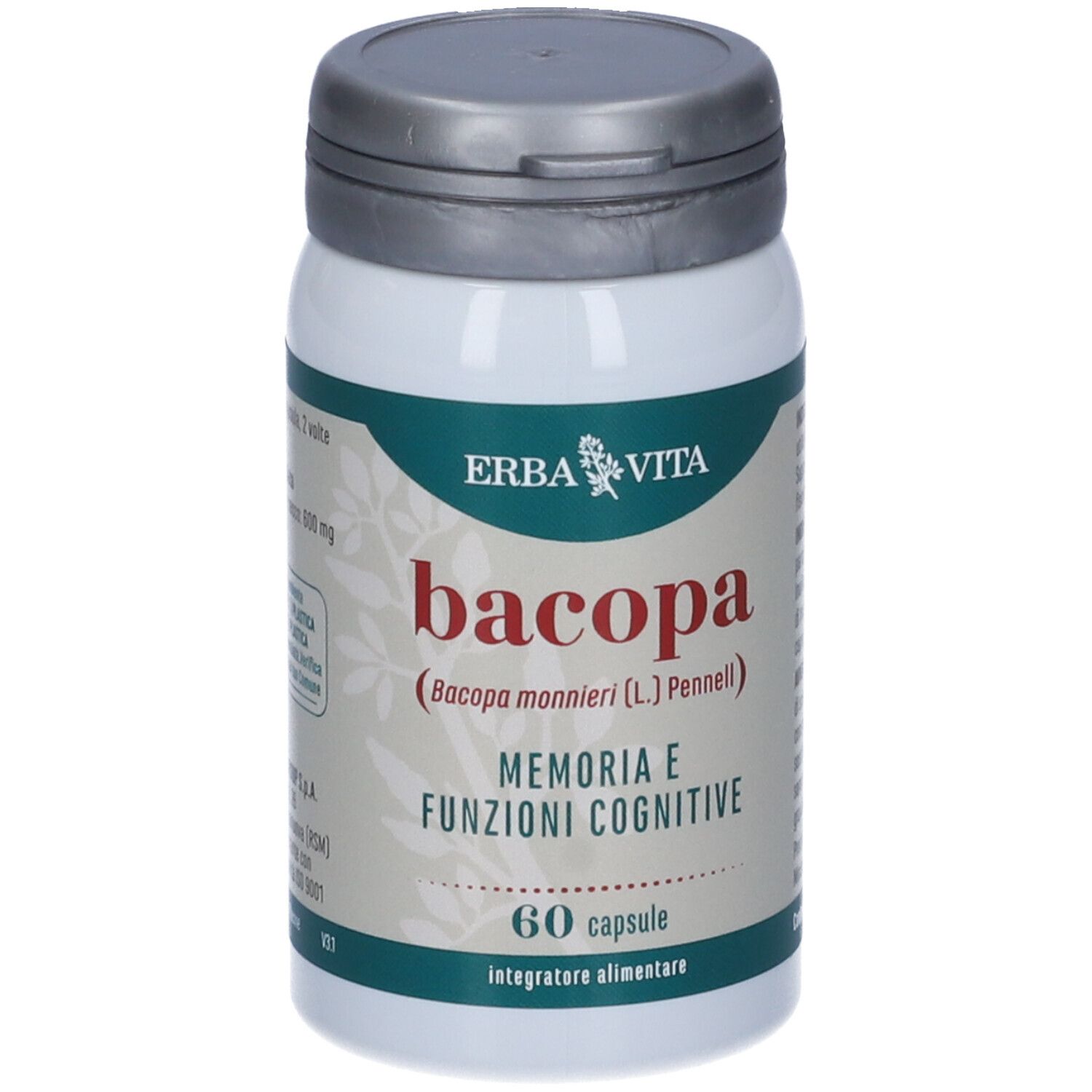 Flacone bianco con tappo grigio. Scritta: Bacopa, 60 capsule. Marchio: Erba Vita.