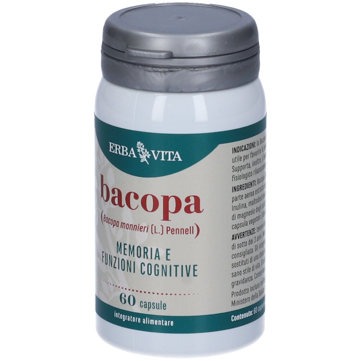 Flacone bianco con tappo grigio. Scritta: Bacopa, 60 capsule. Marchio: Erba Vita.