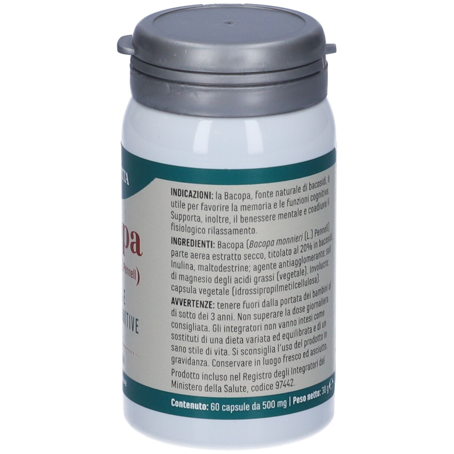 Flacone bianco con tappo grigio. Scritta: Bacopa, 60 capsule. Marchio: Erba Vita.