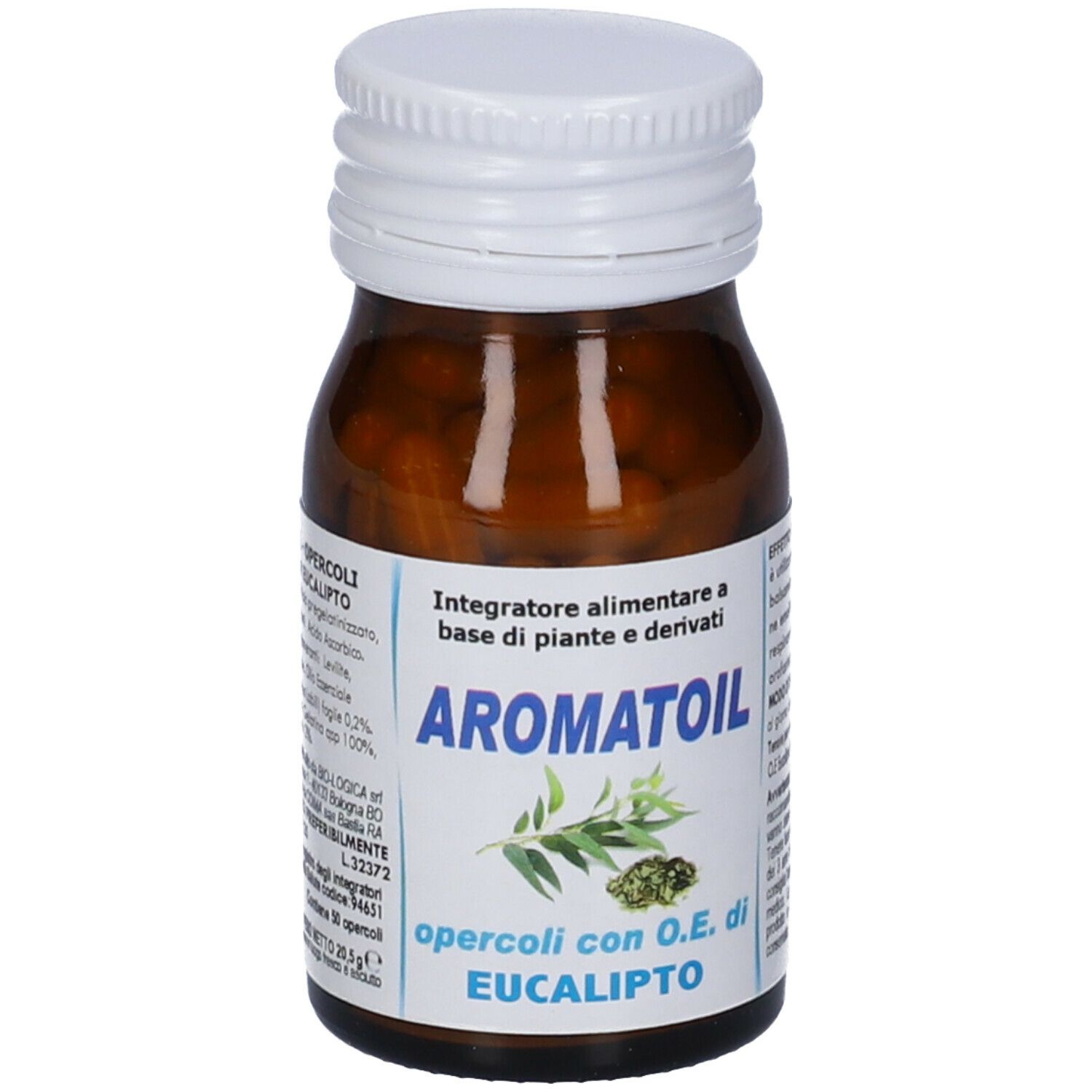 Braune Glasflasche mit weißem Deckel. Etikett mit Produktnamen Aromatoil und Eukalyptus-Illustration. Kapseln sichtbar.