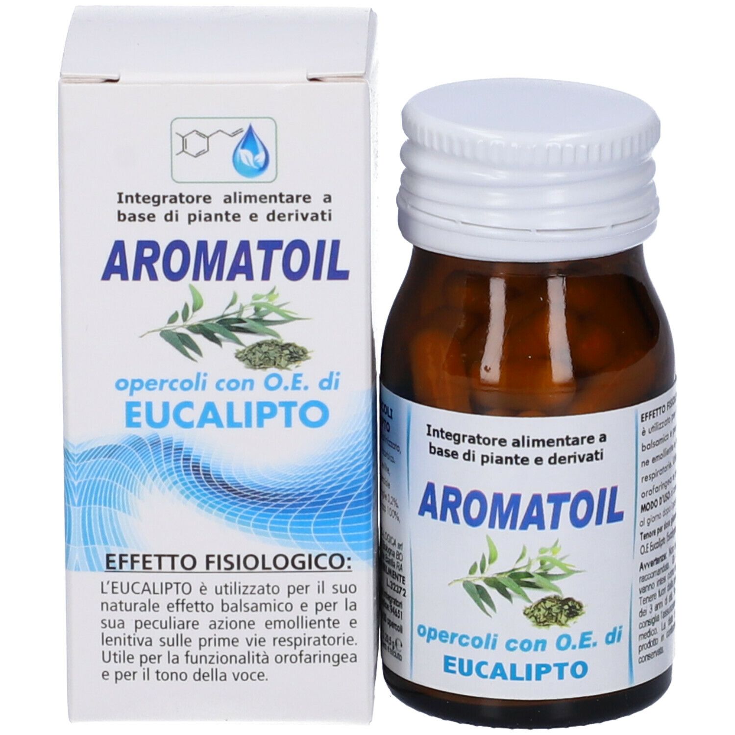 Produktflasche und Verpackung. Weiße Verpackung mit Produktnamen Aromatoil und Eukalyptus-Illustration. Flasche daneben.