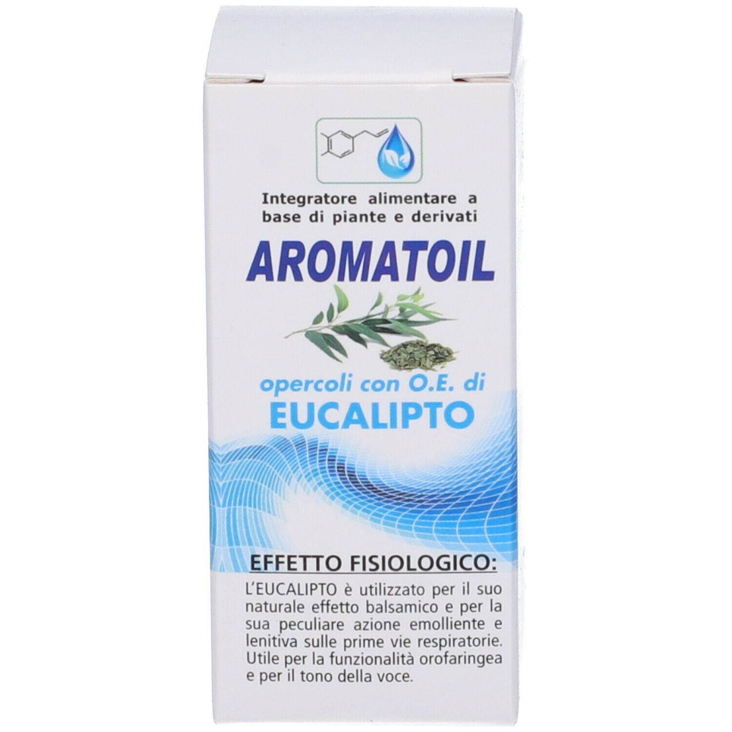 Weiße Produktverpackung mit Produktnamen Aromatoil und Eukalyptus-Illustration. Text und Logo.
