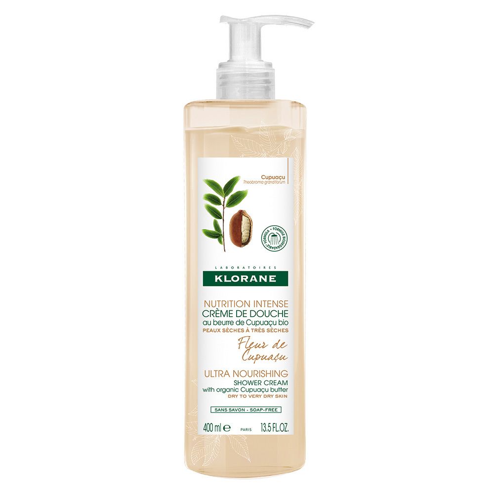Klorane Duschcreme mit Cupuacu-Butter. Transparente Flasche mit Pumpe. Etikett mit Produktinformationen und Logo.