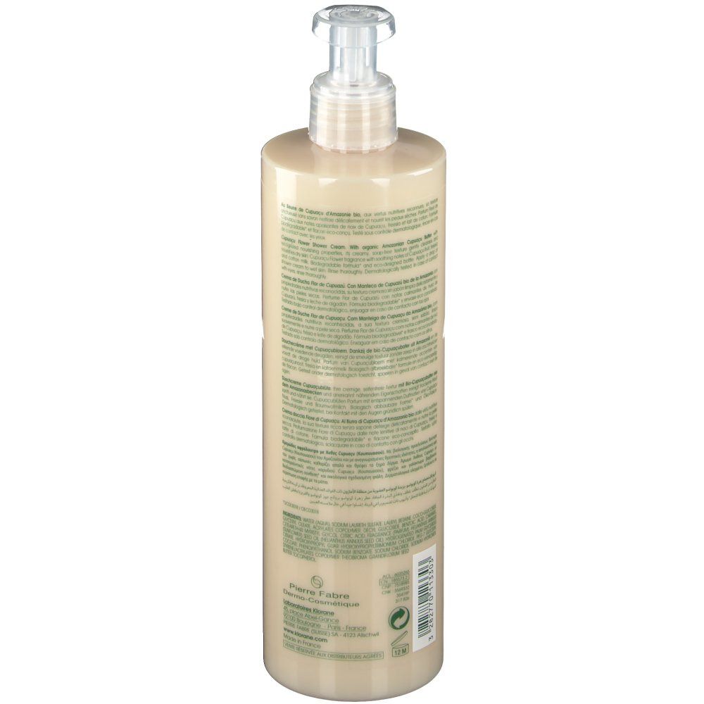 Rückseite der Klorane Duschcreme. Flasche mit Pumpe. Text auf Etikett. Inhaltsstoffe und Herstellerinformationen.
