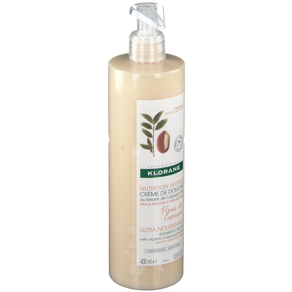 Klorane Duschcreme mit Cupuacu-Butter. Flasche mit Pumpe. Etikett mit Produktinformationen und Logo.