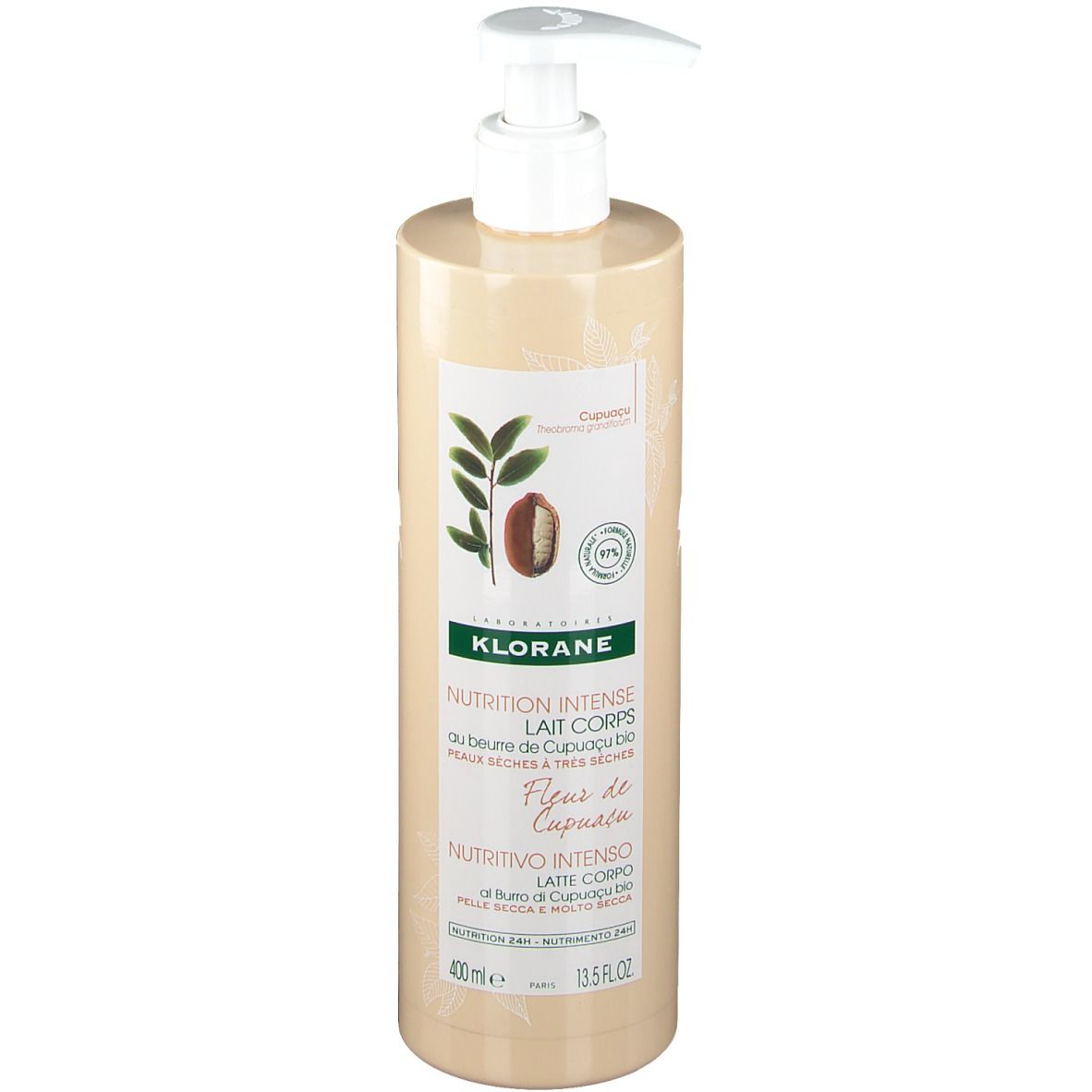 Beige Flasche mit Pumpe. Aufschrift: Klorane, Nutrition Intense Lait Corps, Fleur de Cupuaçu. 400ml.