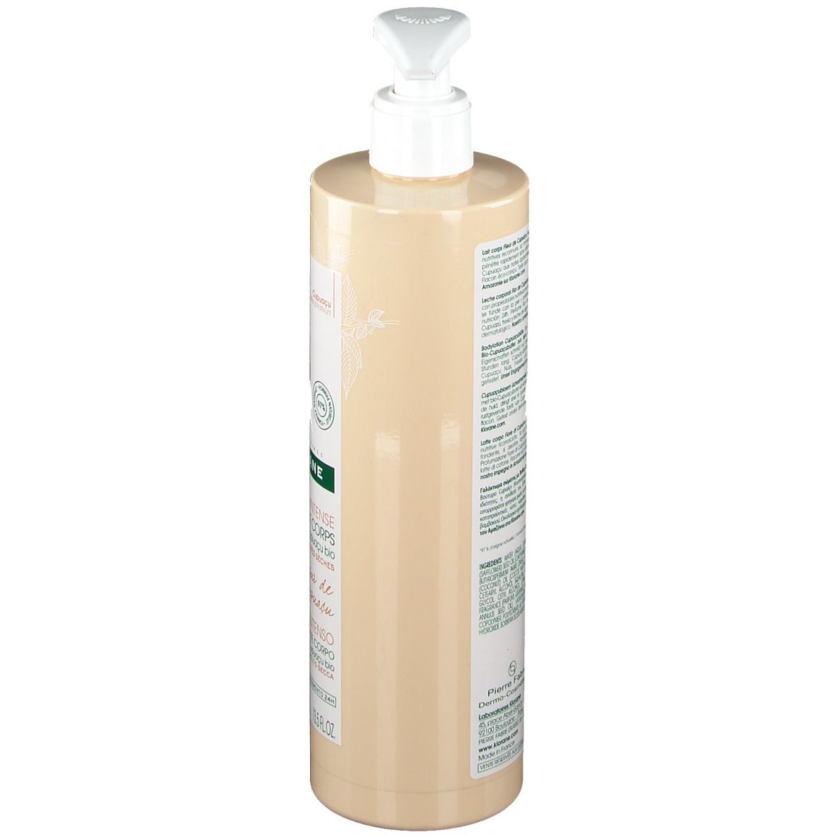 Beige Flasche mit Pumpe. Rückseite mit Text. Klorane-Logo. Weißer Pumpkopf.