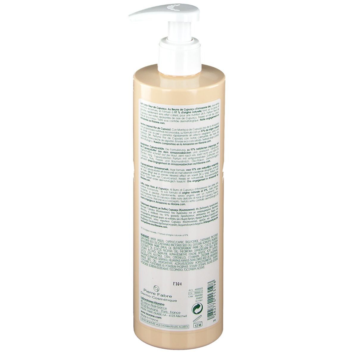 Beige Flasche mit Pumpe. Rückseite mit Text. Klorane-Logo. Weißer Pumpkopf.
