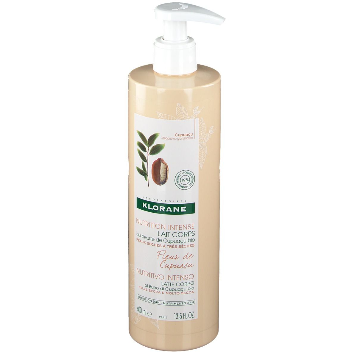 Beige Flasche mit Pumpe. Aufschrift: Klorane, Nutrition Intense Lait Corps, Fleur de Cupuaçu. 400ml.