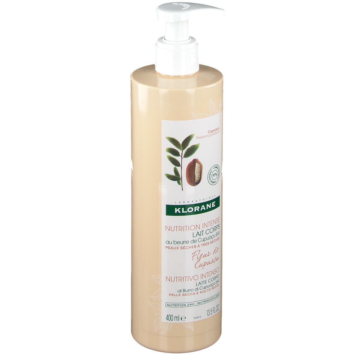 Beige Flasche mit Pumpe. Aufschrift: Klorane, Nutrition Intense Lait Corps, Fleur de Cupuaçu. 400ml.