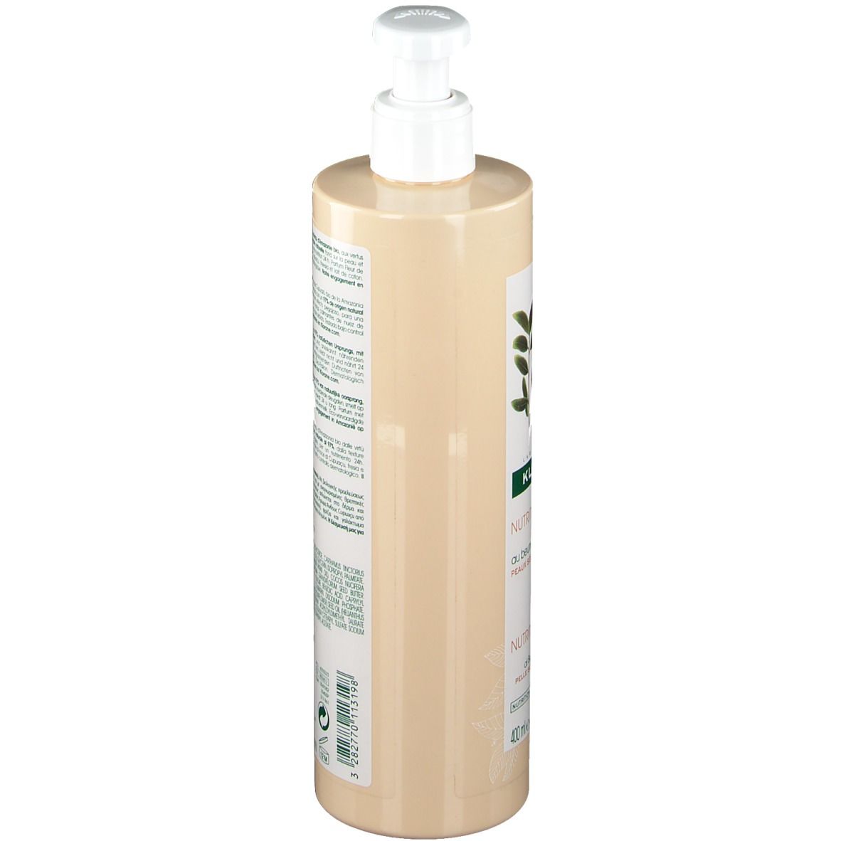 Beige Flasche mit Pumpe. Rückseite mit Text. Klorane-Logo. Weißer Pumpkopf.