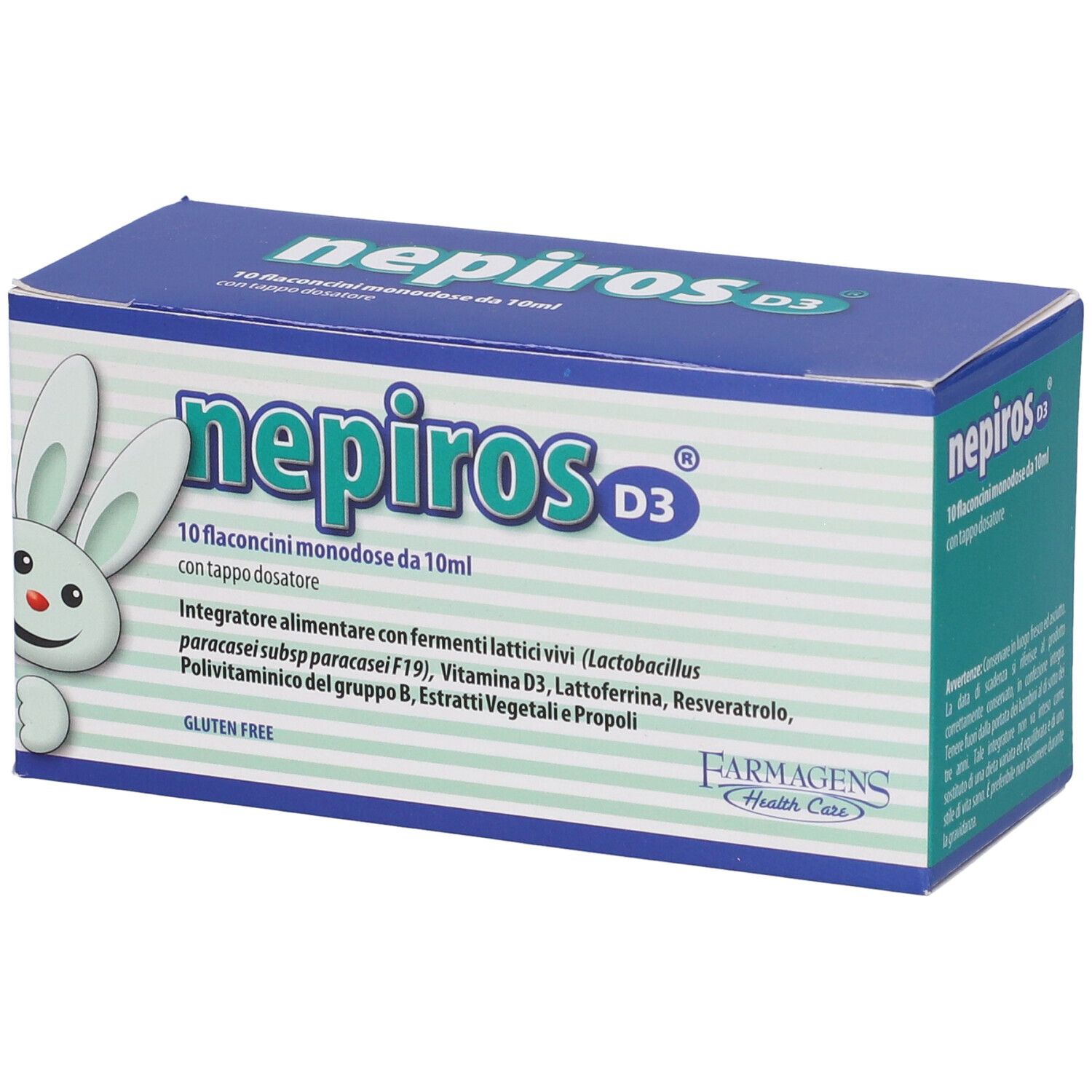 Scatola blu e bianca "Nepiros D3". Contiene 10 flaconcini monodose. Scritte: ingredienti, logo, senza glutine.
