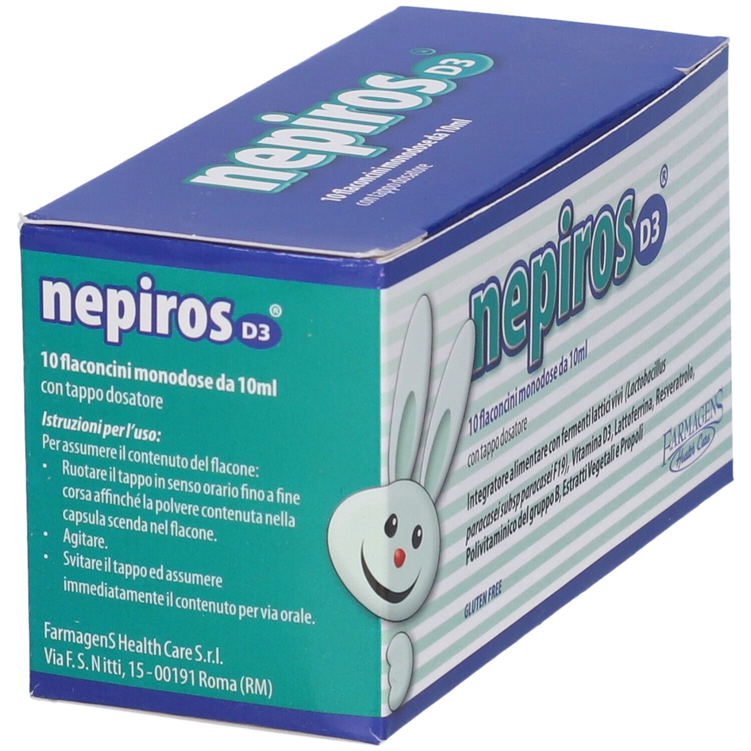 Scatola blu e bianca "Nepiros D3". Mostra le istruzioni per l'uso. Contiene 10 flaconcini monodose. Senza glutine.