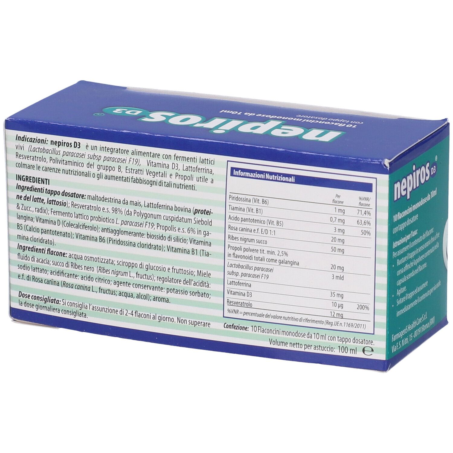 Scatola blu e bianca "Nepiros D3". Contiene informazioni nutrizionali e ingredienti. 10 flaconcini monodose.
