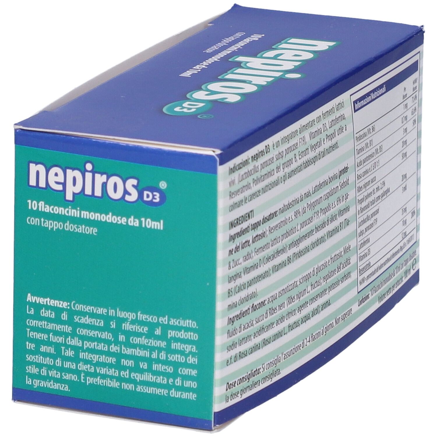 Scatola blu e bianca "Nepiros D3". Mostra le avvertenze. Contiene 10 flaconcini monodose. Senza glutine.