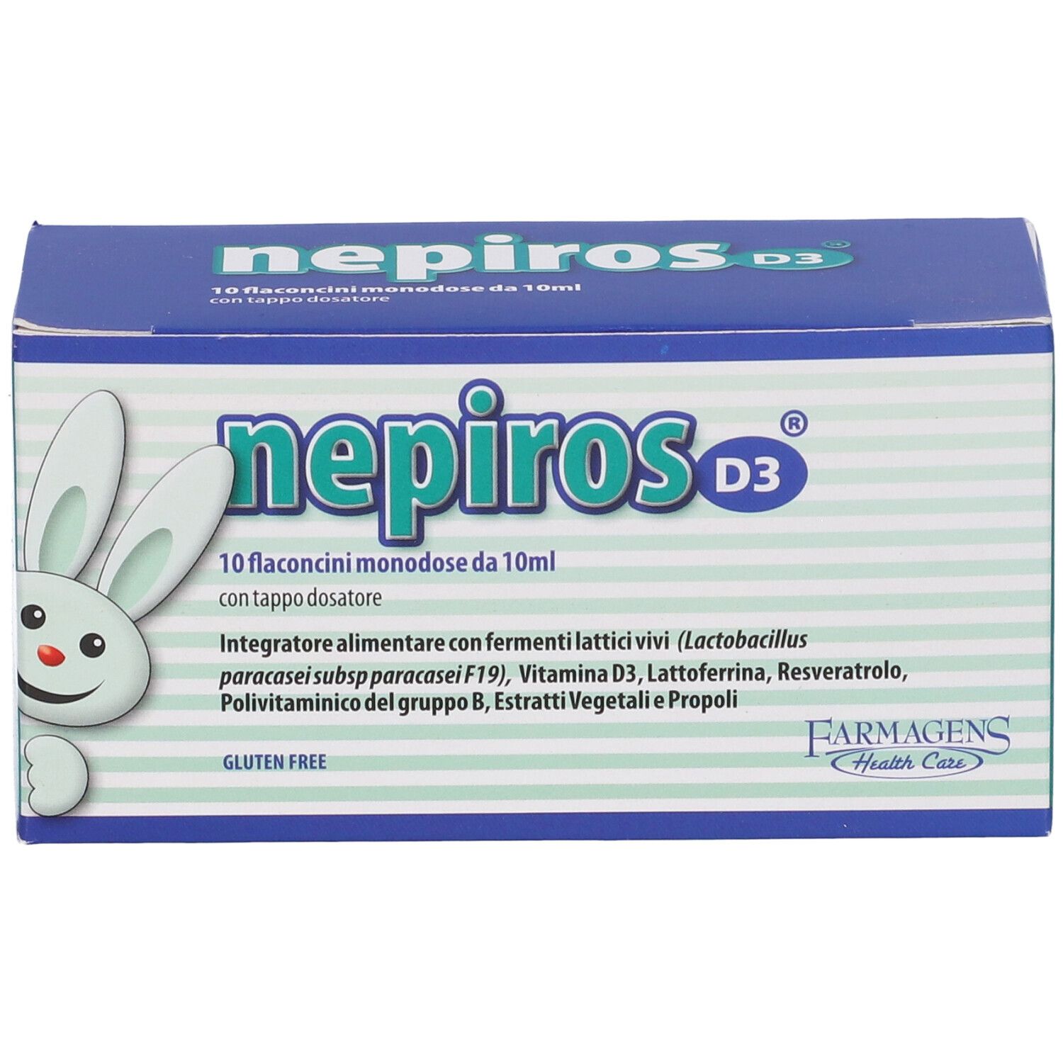 Scatola blu e bianca "Nepiros D3". Contiene 10 flaconcini monodose. Logo e scritta "Farmagens Health Care".