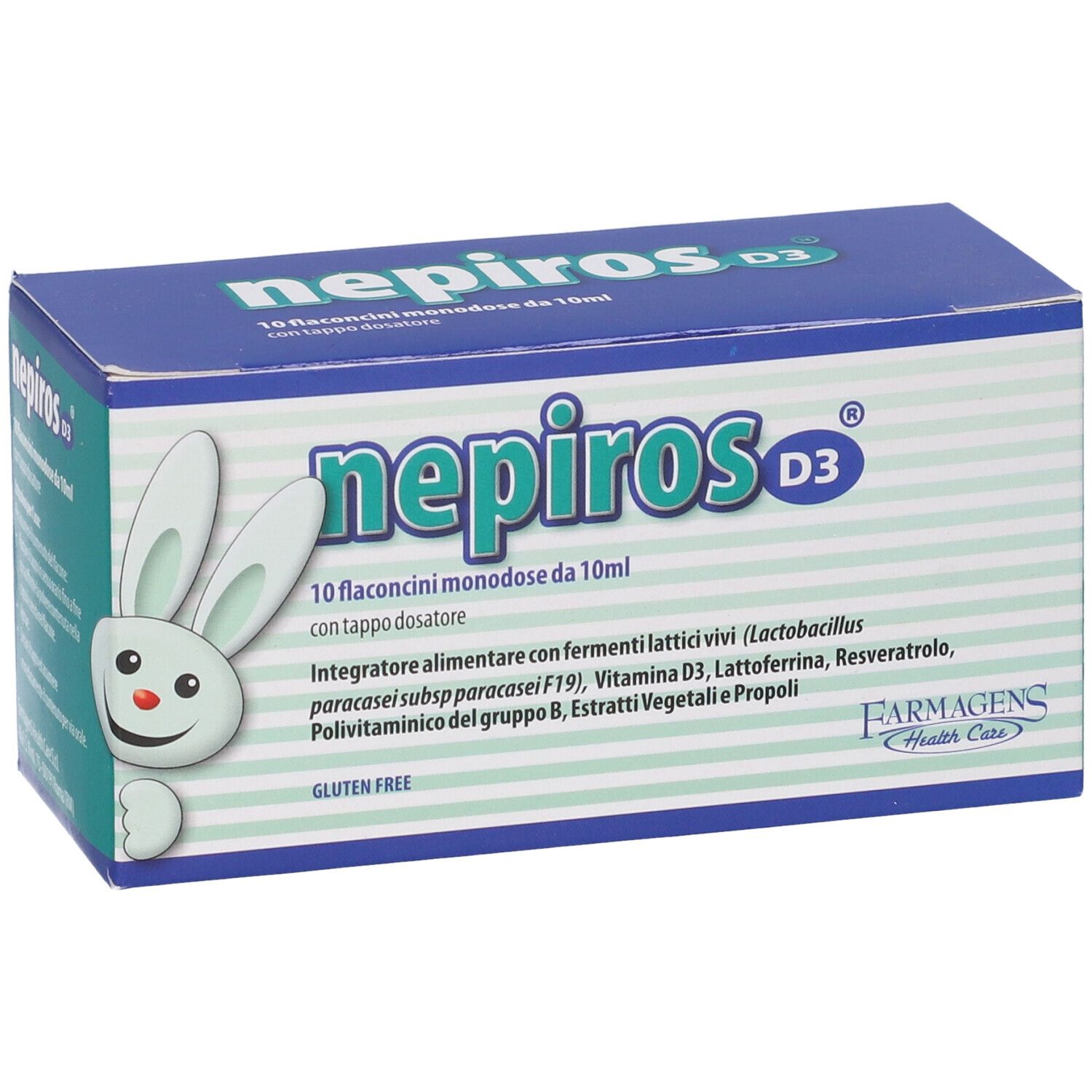 Scatola blu e bianca "Nepiros D3". Contiene 10 flaconcini monodose. Logo e scritta "Farmagens Health Care".