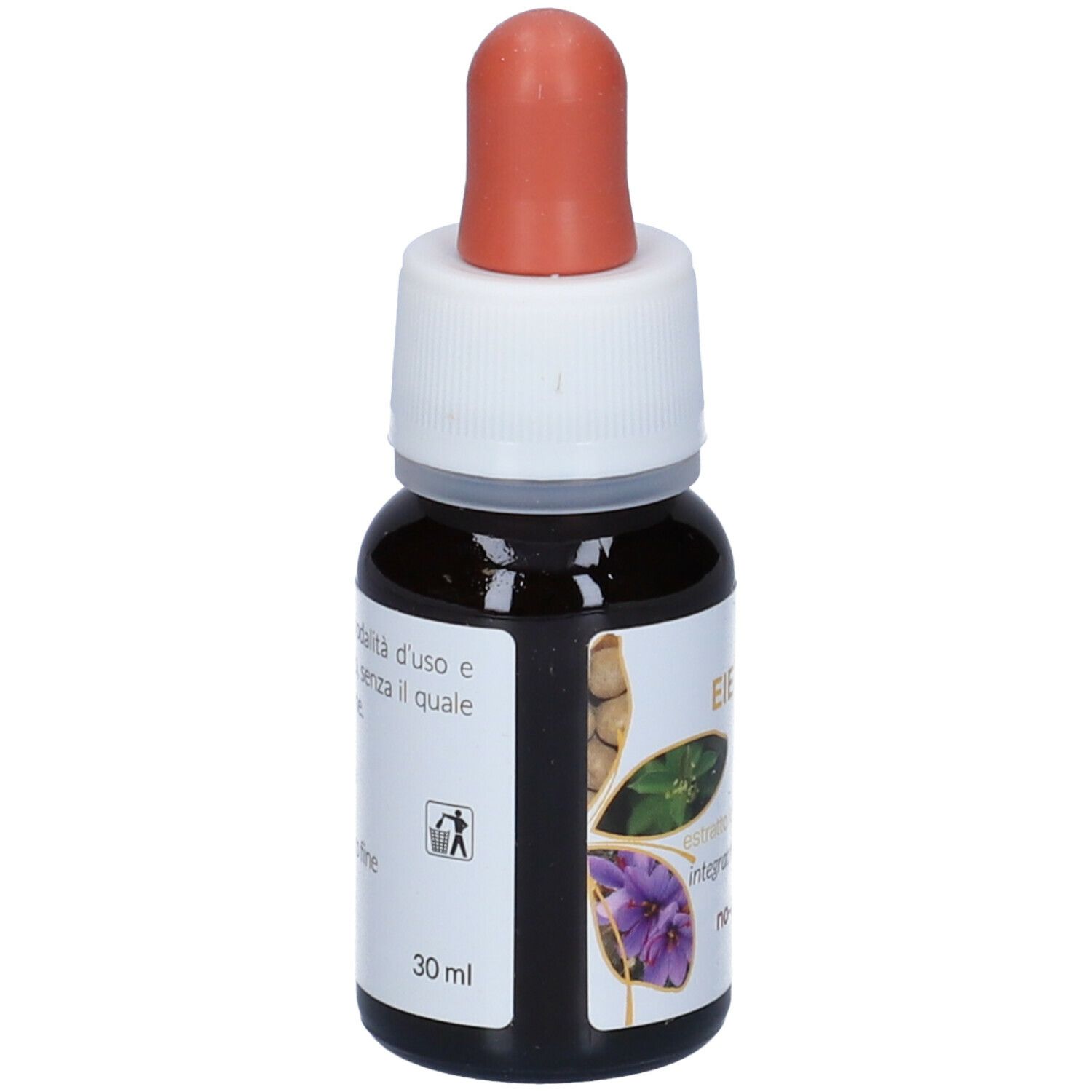 Flacone di vetro marrone con tappo bianco e contagocce rosso. Scritta: EIE Sati, 30 ml.