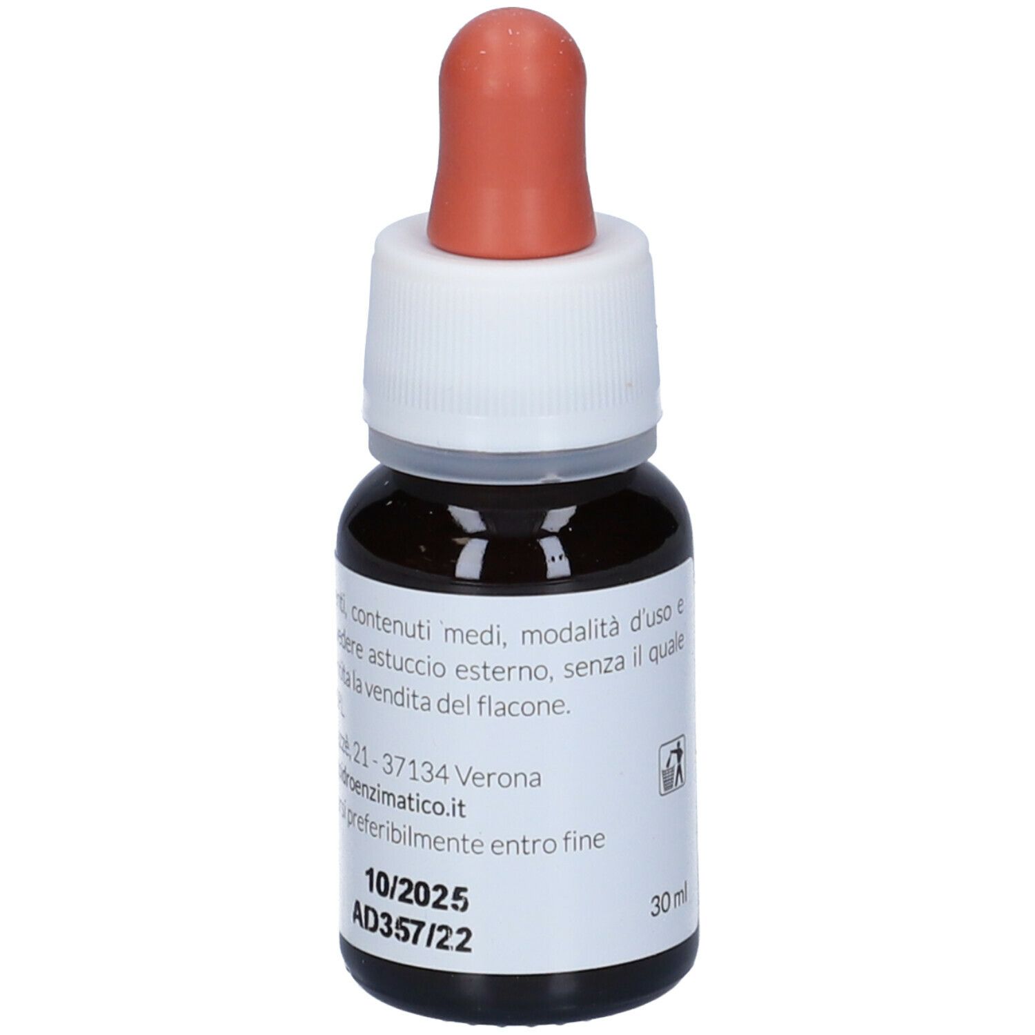 Flacone di vetro marrone con tappo bianco e contagocce rosso. Scritta: EIE Sati, 30 ml, 10/2025.