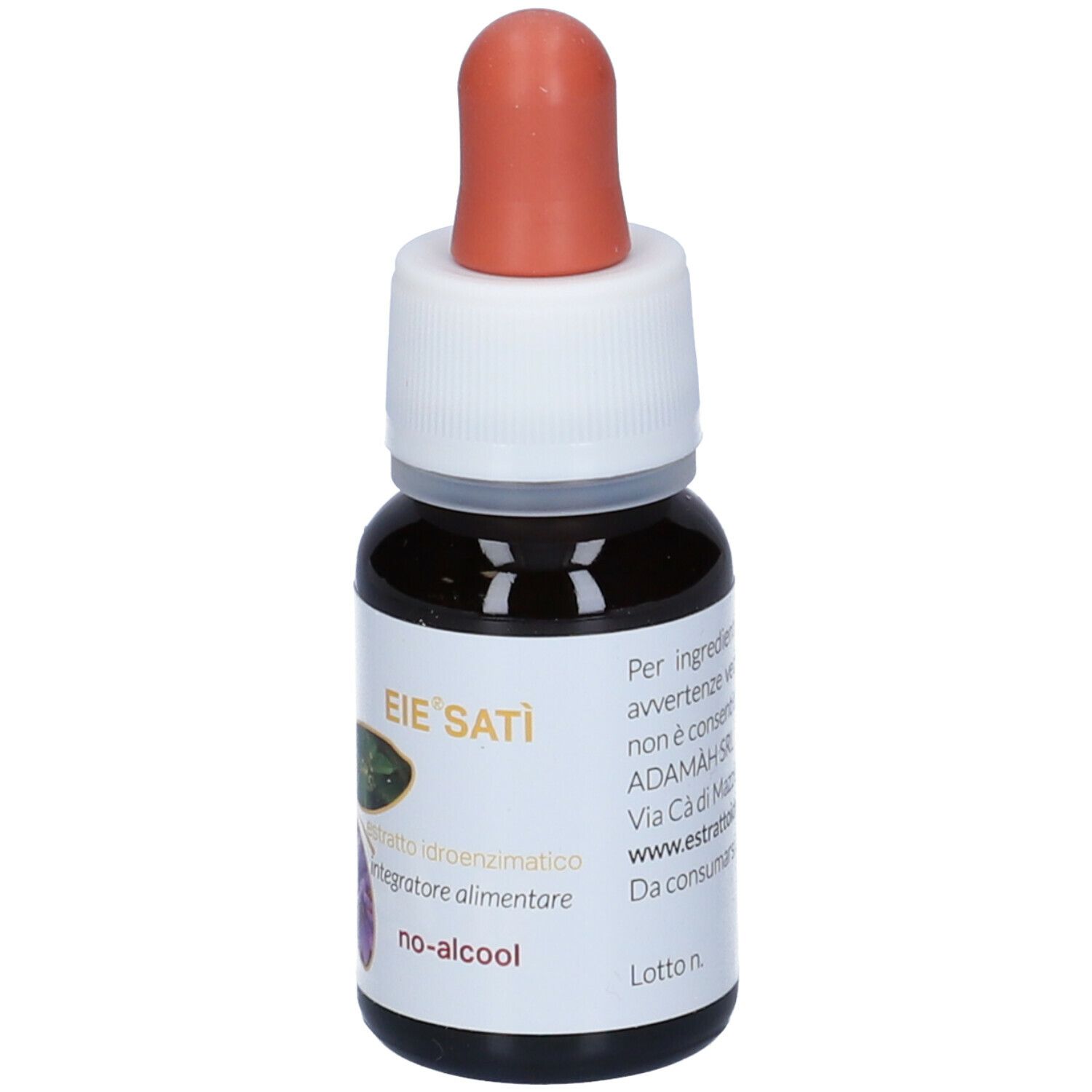 Flacone di vetro marrone con tappo bianco e contagocce rosso. Scritta: EIE Sati, no-alcool.