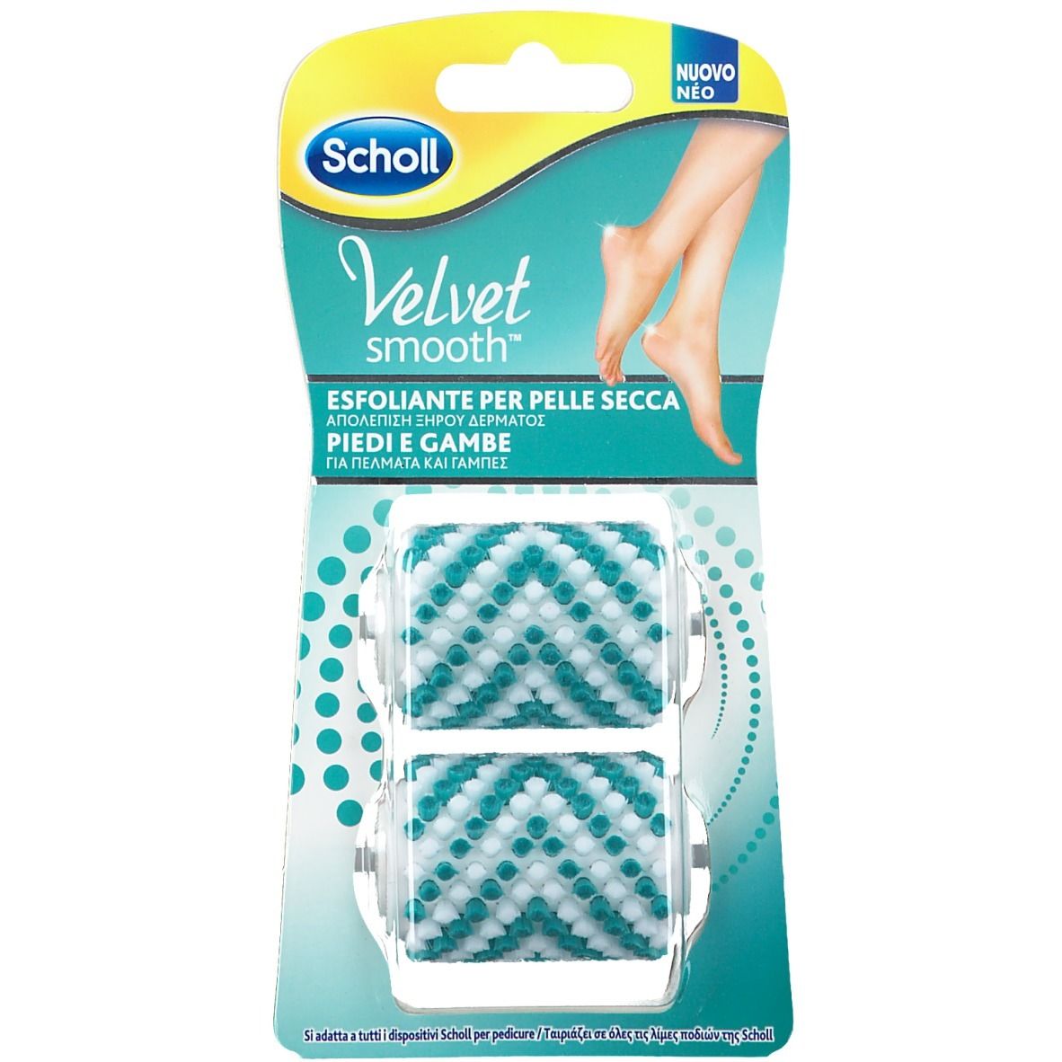 Confezione con due ricariche Scholl Velvet smooth®. Rulli verdi e bianchi con borchie. Scritta: Esfoliante per pelle secca.