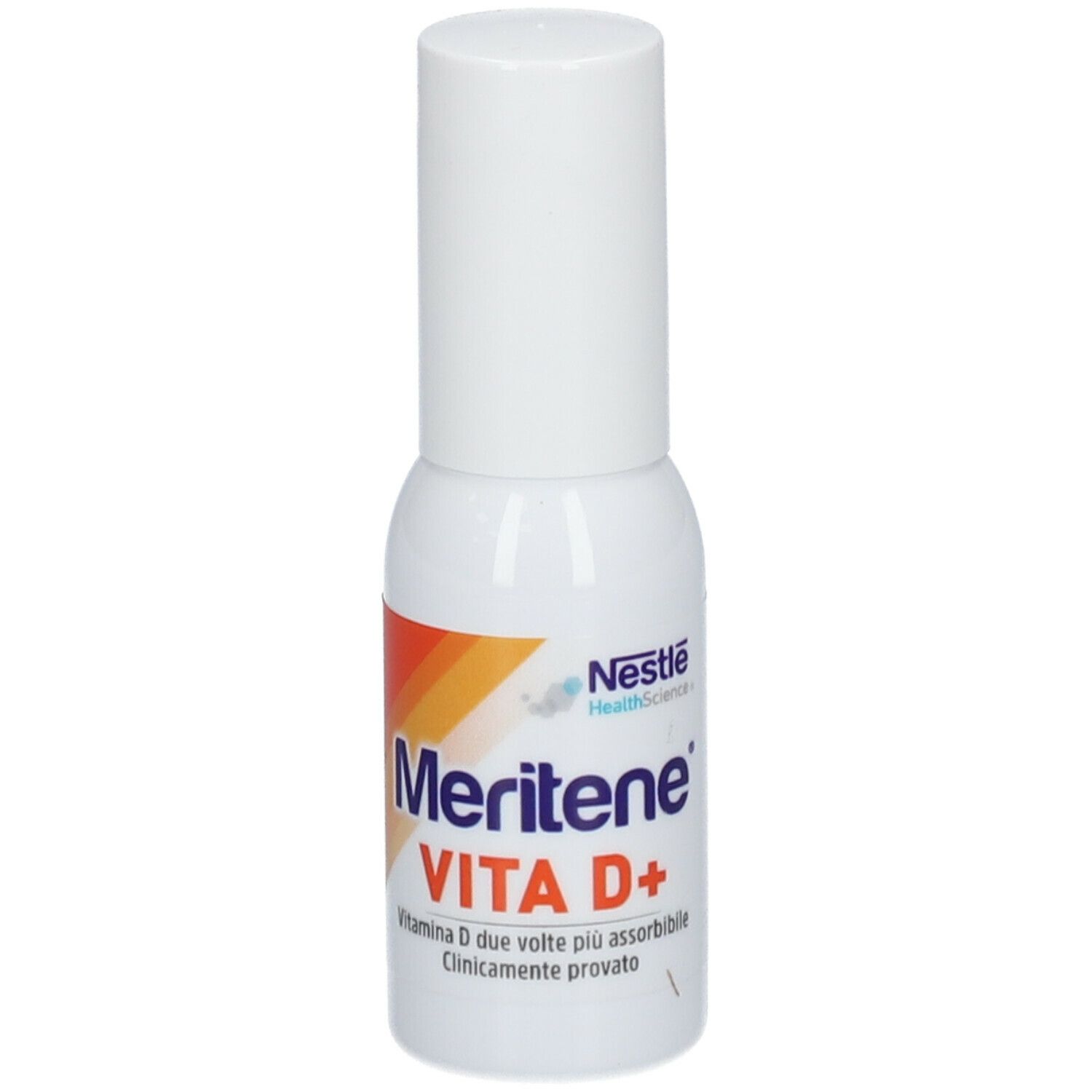 Nestlé Meritene VITA D+ Spray. Flacone bianco con nebulizzatore. Scritta: VITA D+ SPRAY. Logo.