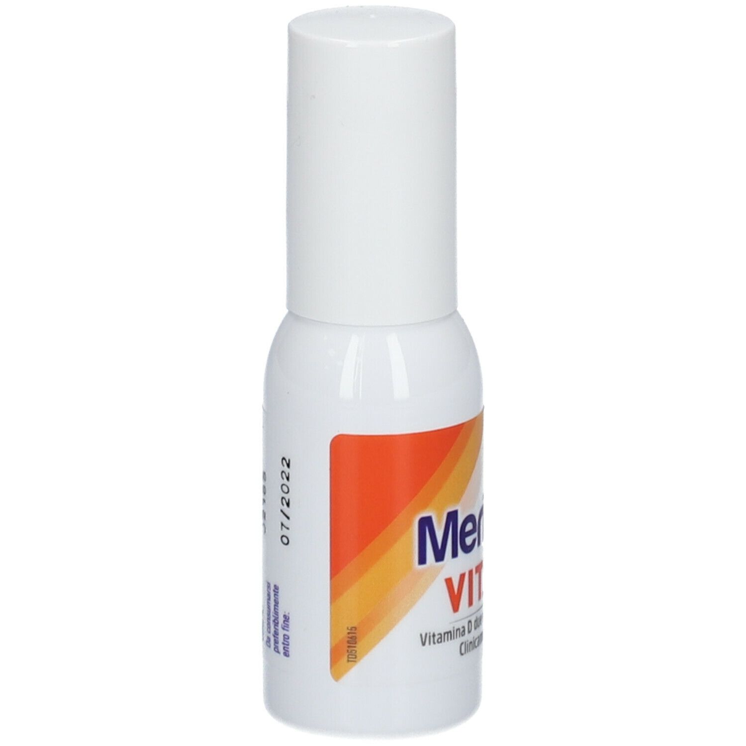 Nestlé Meritene VITA D+ Spray. Flacone bianco con nebulizzatore. Scritta e data.
