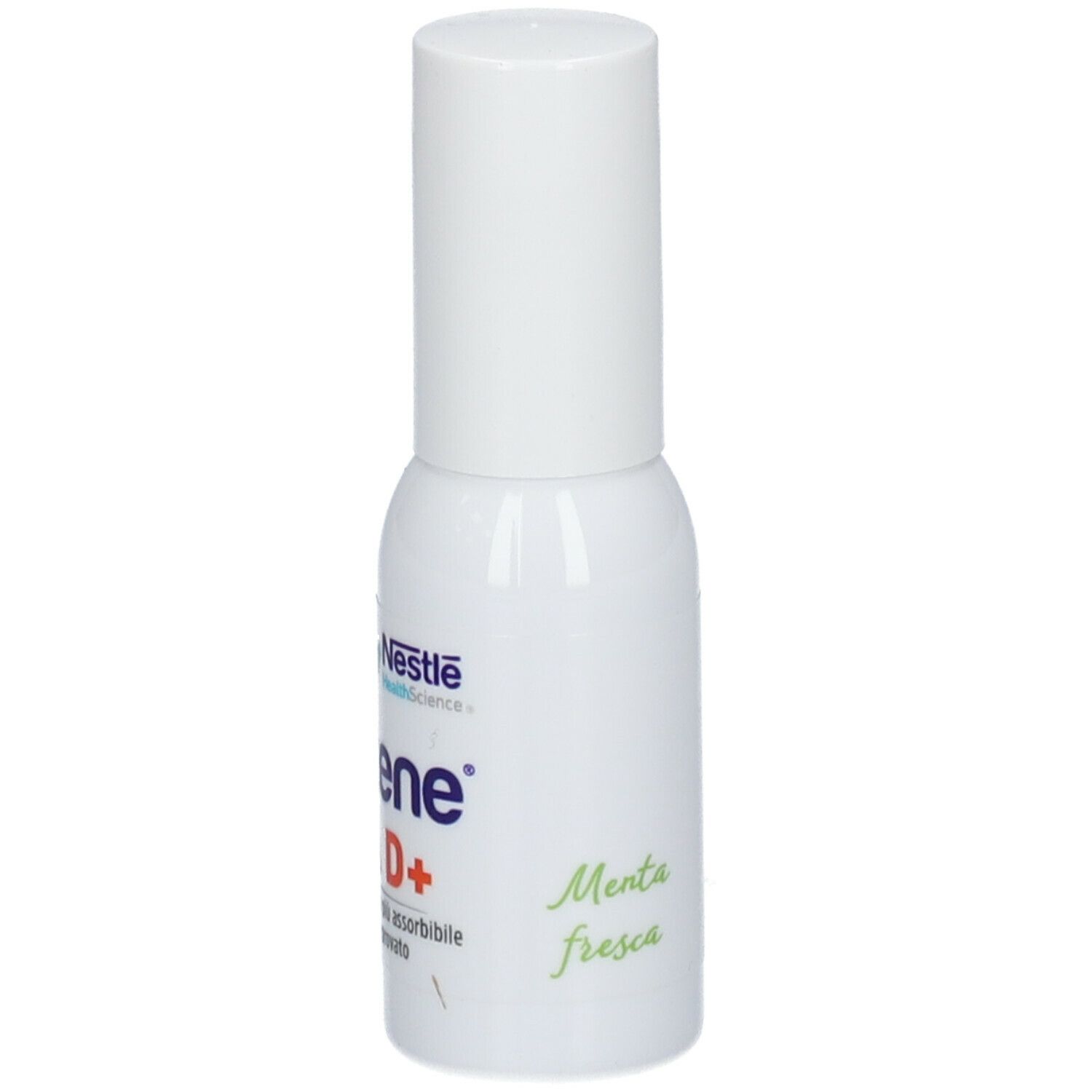 Nestlé Meritene VITA D+ Spray. Flacone bianco con nebulizzatore. Scritta: VITA D+ SPRAY. Logo.