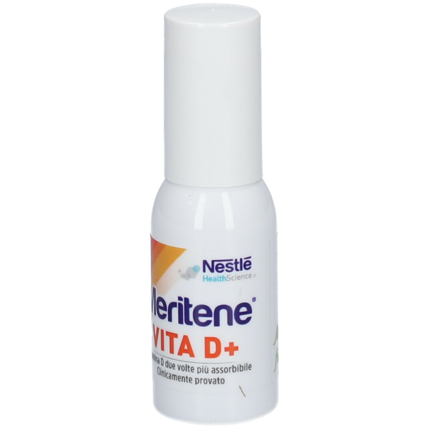 Nestlé Meritene VITA D+ Spray. Flacone bianco con nebulizzatore. Scritta: VITA D+ SPRAY. Logo.