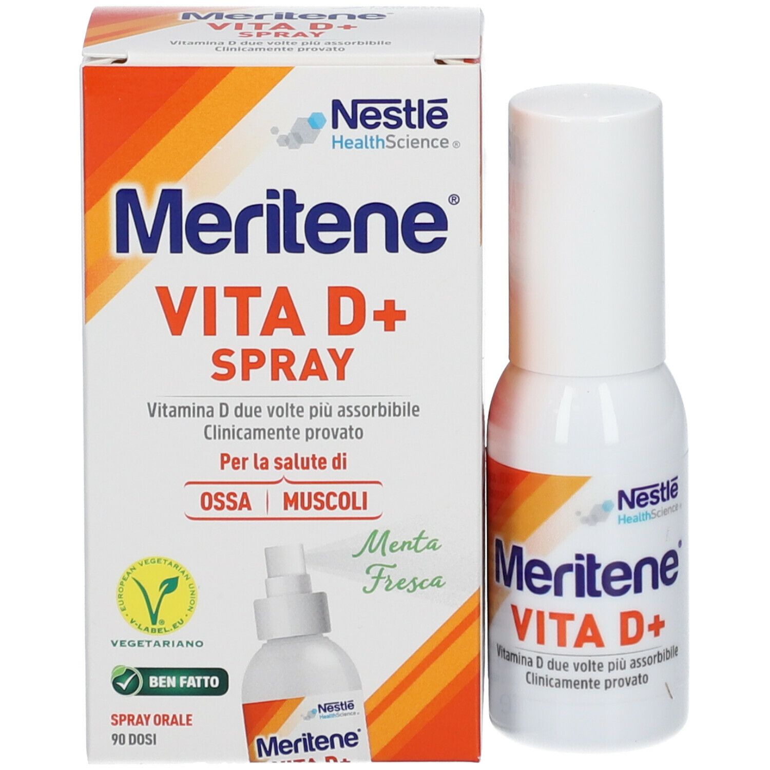 Nestlé Meritene VITA D+ Spray. Confezione e flacone. Scritta: VITA D+ SPRAY. Logo.