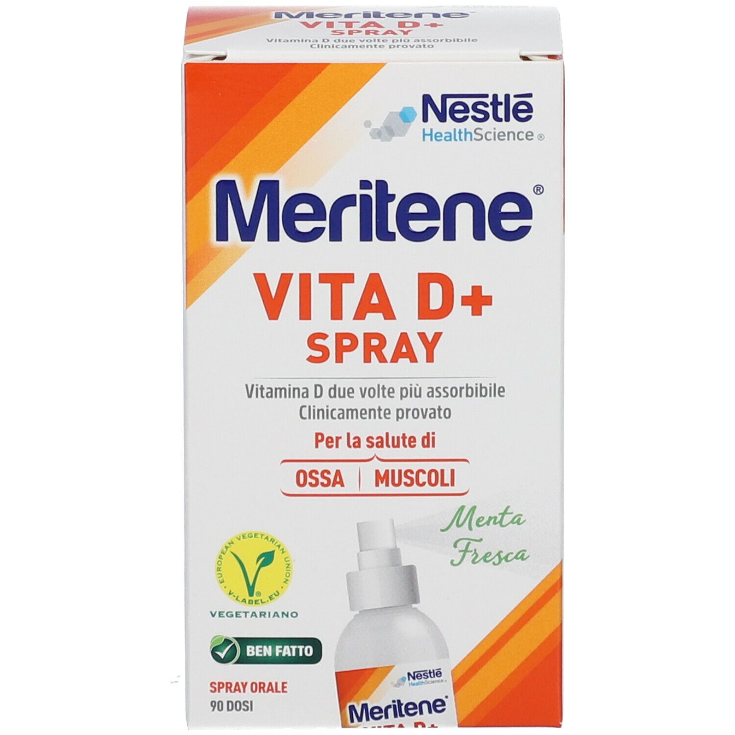 Nestlé Meritene VITA D+ Spray. Confezione e flacone. Scritta: VITA D+ SPRAY. Logo.