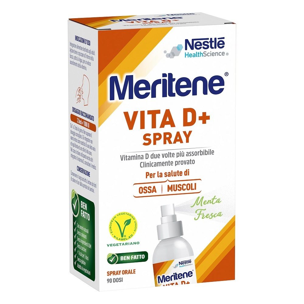 Nestlé Meritene VITA D+ Spray. Confezione con prodotto. Scritta: VITA D+ SPRAY. Con logo e testo.