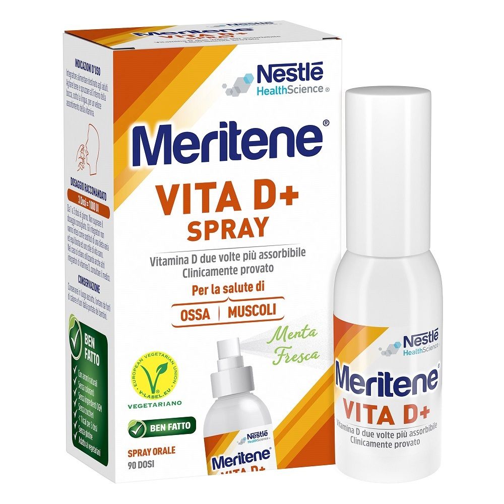 Nestlé Meritene VITA D+ Spray. Confezione e flacone. Scritta: VITA D+ SPRAY. Con logo e testo.