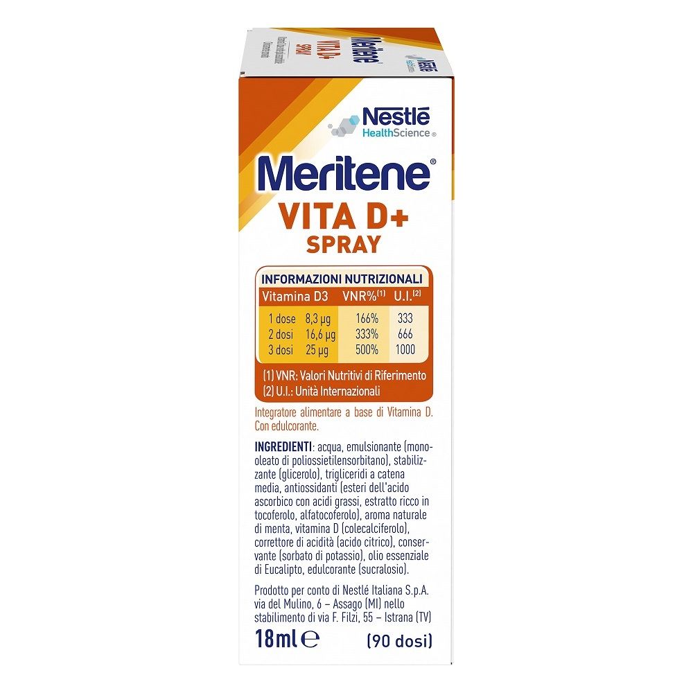 Nestlé Meritene VITA D+ Spray. Confezione con informazioni nutrizionali. Testo e tabelle. Flacone 18ml.