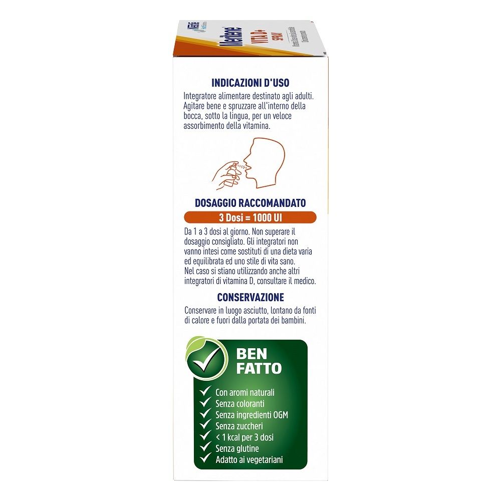 Nestlé Meritene VITA D+ Spray. Confezione con istruzioni per l'uso. Testo e loghi. Per adulti.