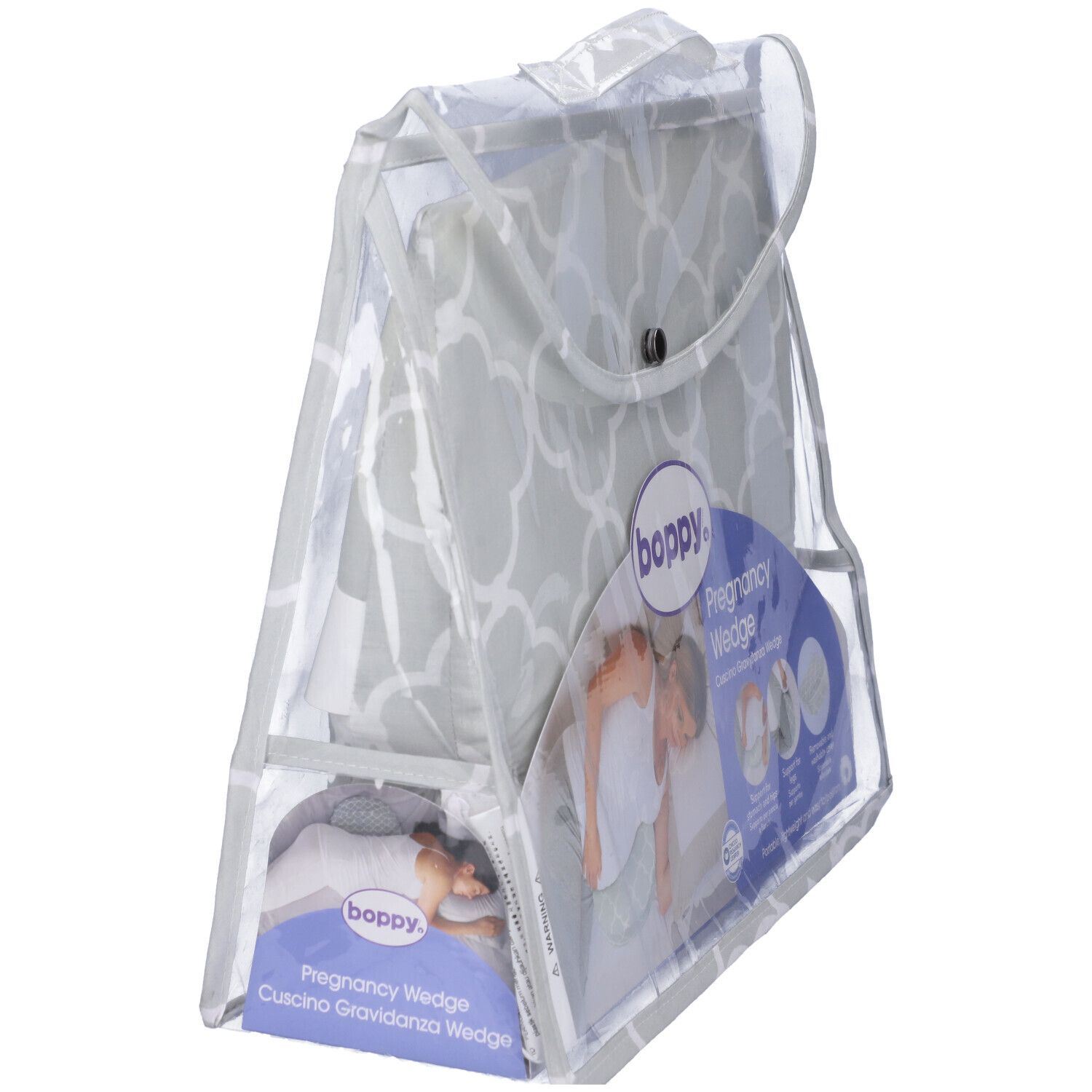 Cuscino a cuneo in sacchetto trasparente. Marchio 'boppy'. Scritta: 'Pregnancy Wedge'.