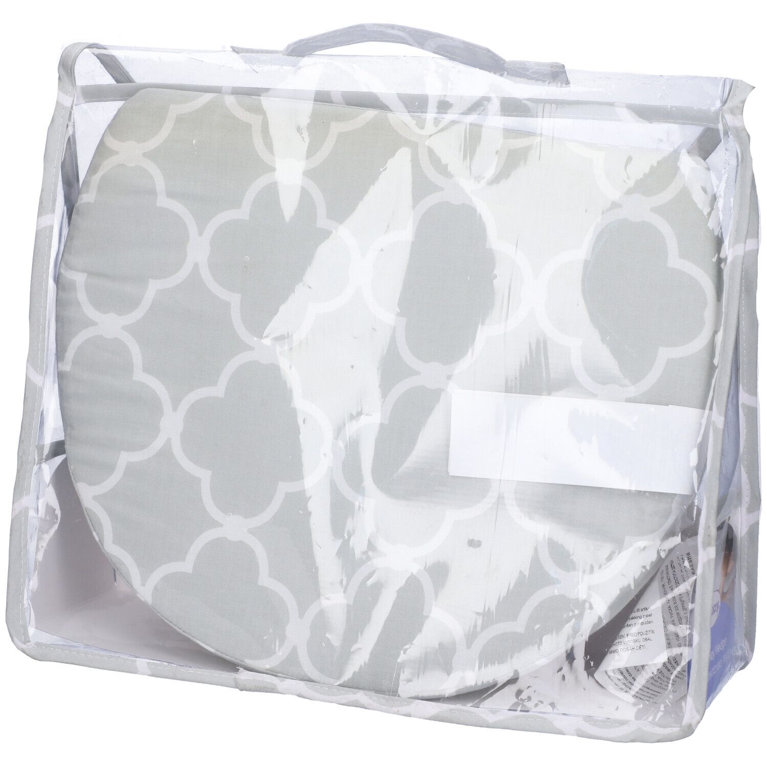 Cuscino a cuneo in sacchetto trasparente. Marchio 'boppy'. Scritta: 'Pregnancy Wedge'.