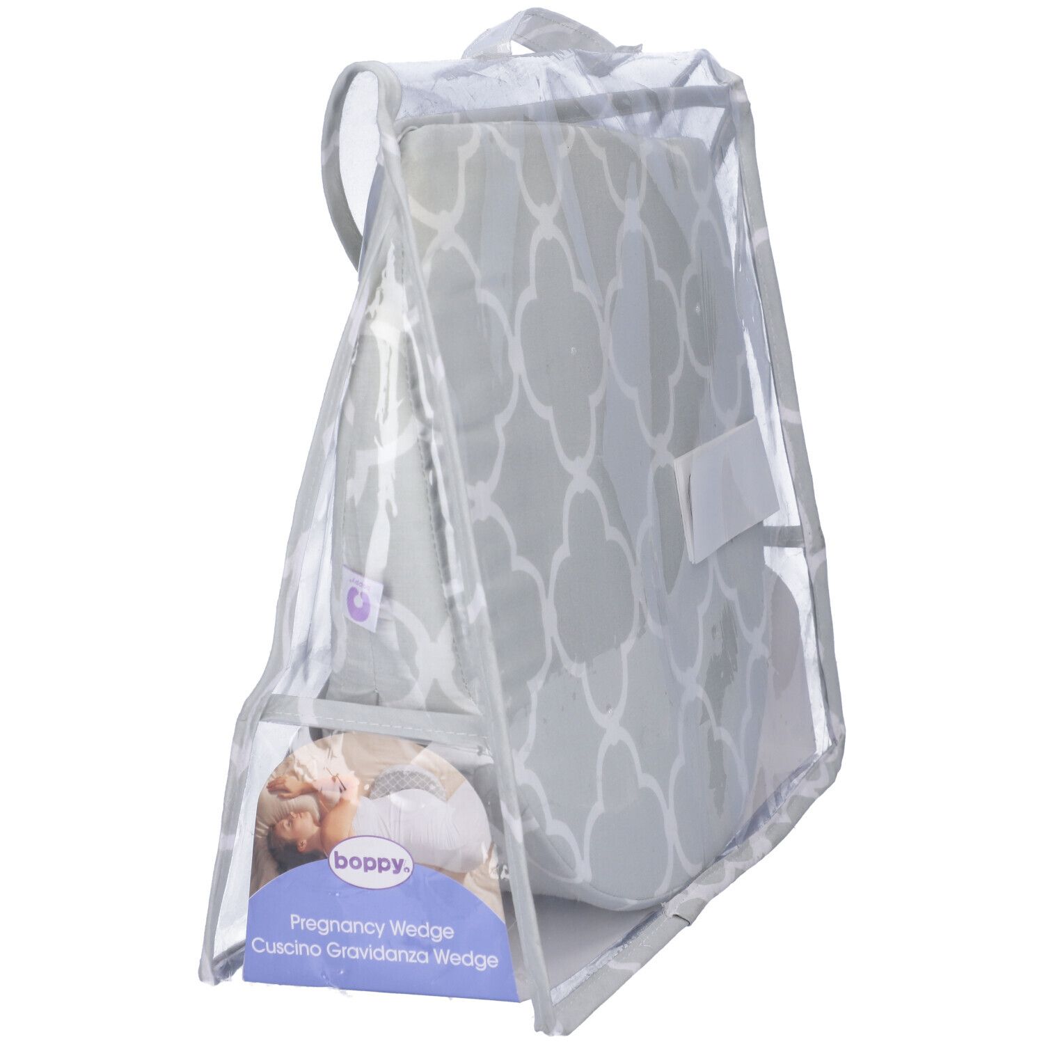 Cuscino a cuneo in sacchetto trasparente. Marchio 'boppy'. Scritta: 'Pregnancy Wedge'.