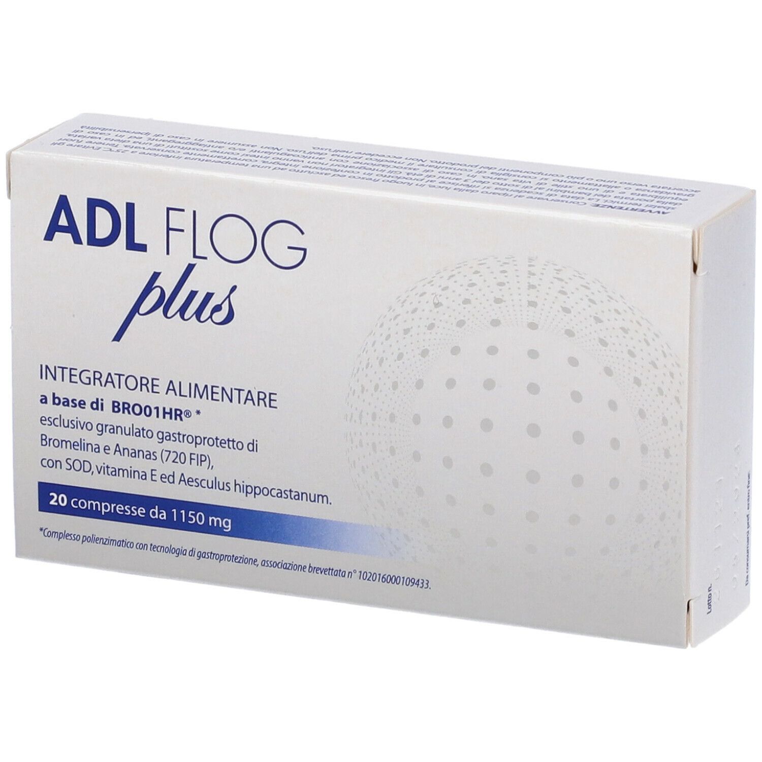 Scatola bianca con nome prodotto ADL Flog Plus. Contiene 20 compresse. Testo in italiano.