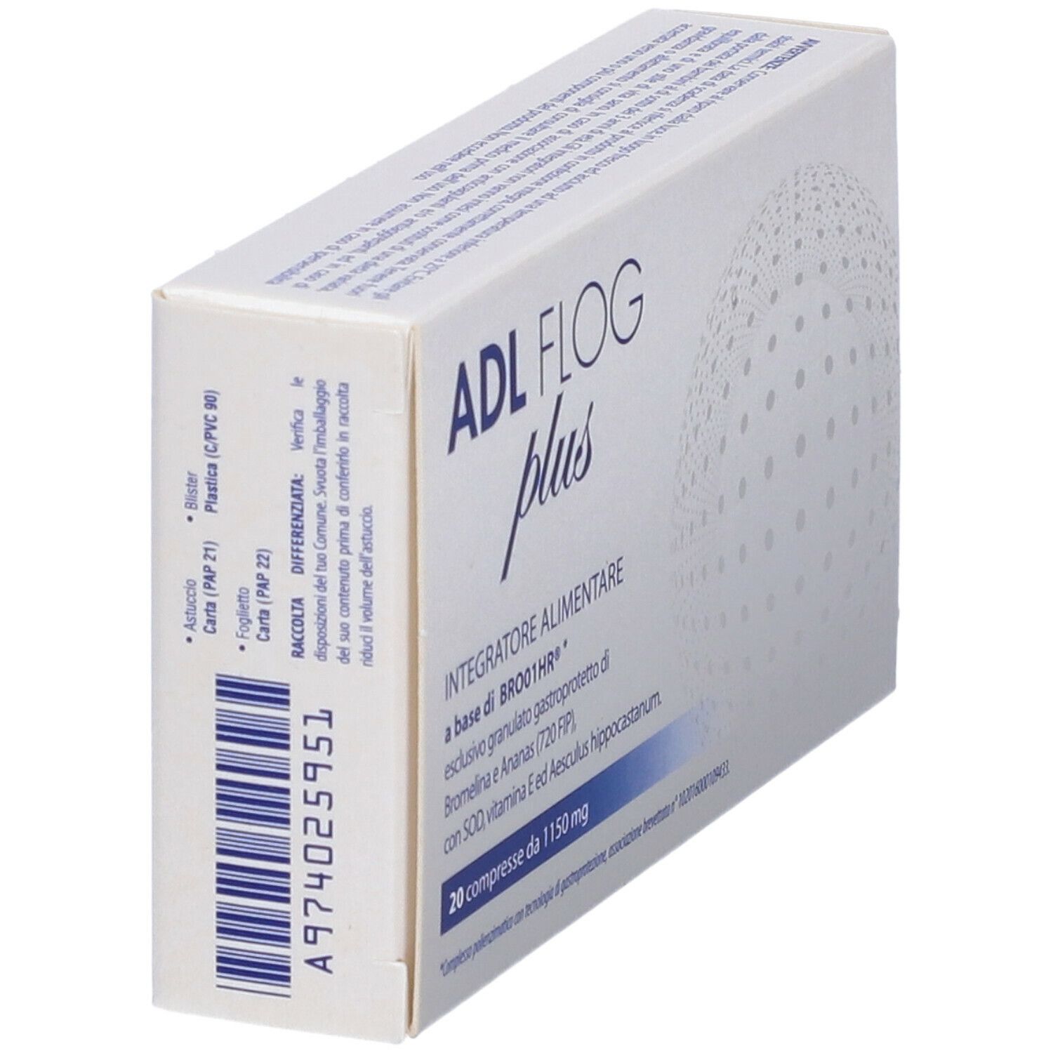 Scatola bianca con nome ADL Flog Plus. Codice a barre e testo in italiano.
