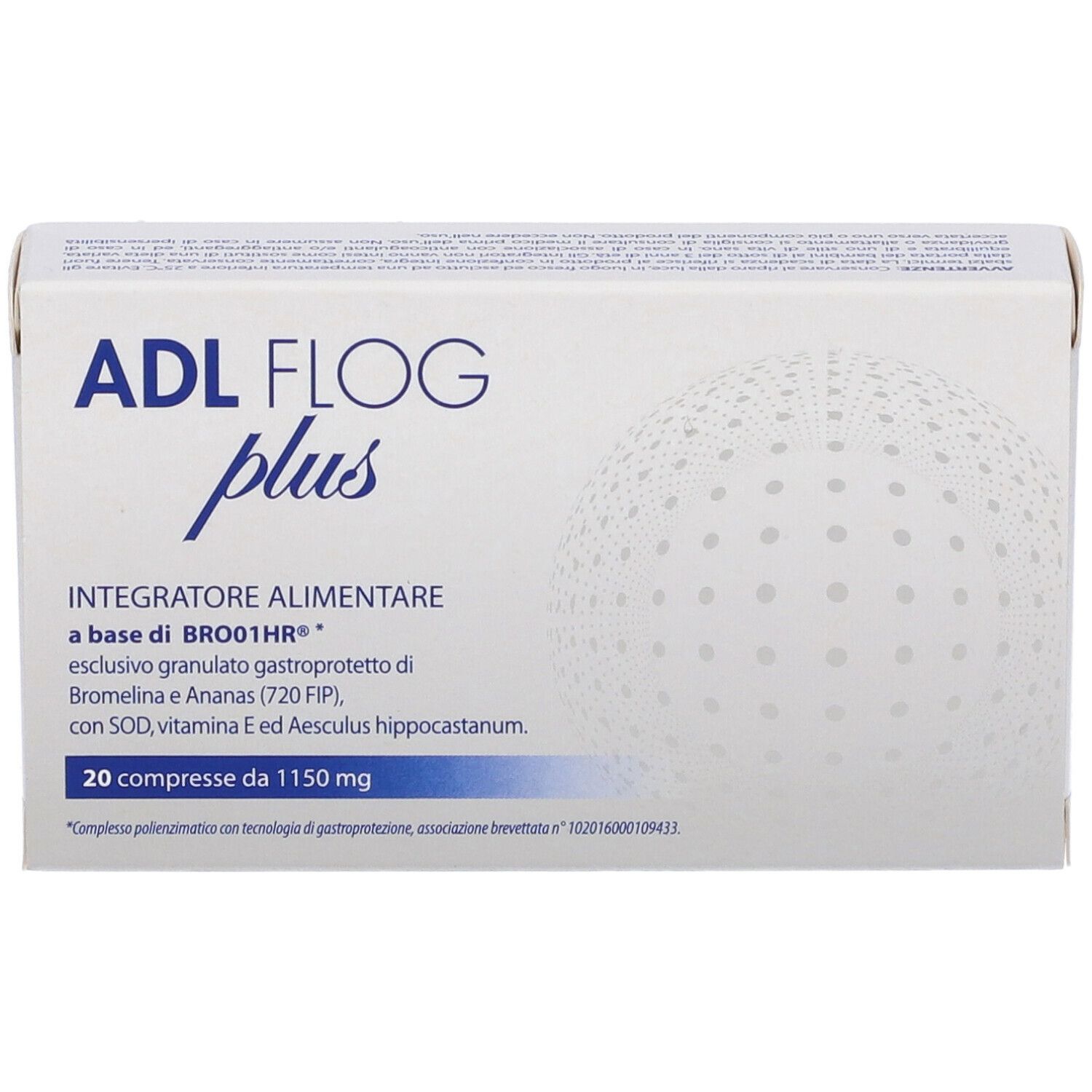 Scatola bianca con nome prodotto ADL Flog Plus. Contiene 20 compresse. Testo in italiano.