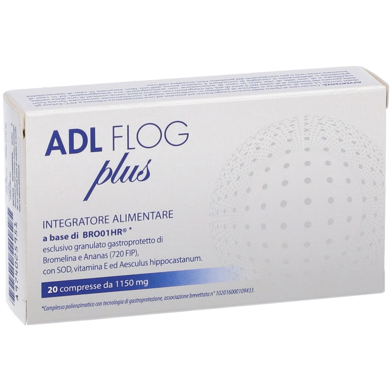 Scatola bianca con nome prodotto ADL Flog Plus. Contiene 20 compresse. Testo in italiano.