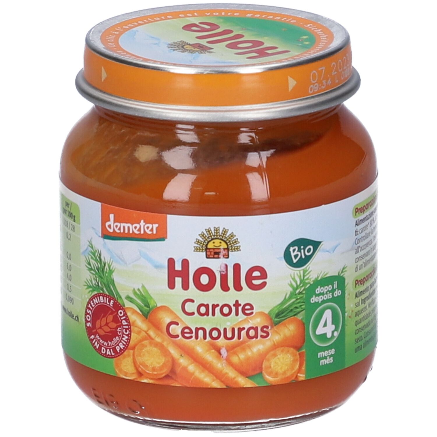Vasetto di omogeneizzato di carote per bambini. Scritte: Holle, Carote, Cenouras. Logo Demeter e sigillo Bio. Data di scadenza.