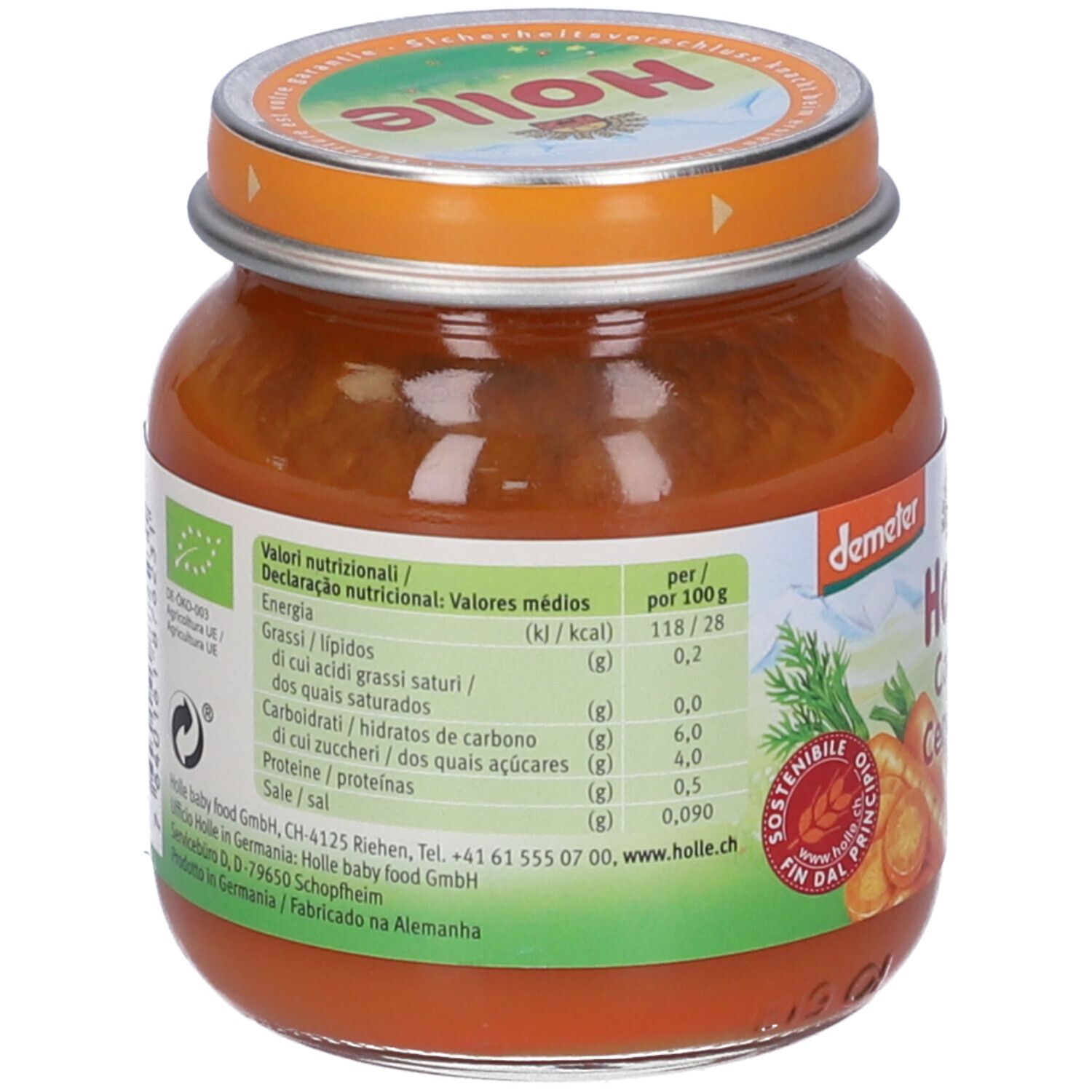 Retro di un vasetto di omogeneizzato di carote per bambini. Informazioni nutrizionali e sigillo Bio. Scritte: Holle, Carote, Cenouras.