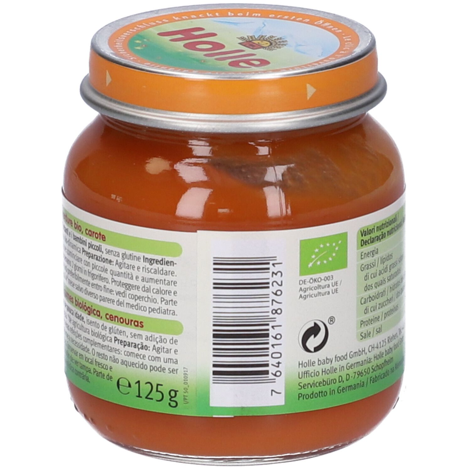 Retro di un vasetto di omogeneizzato di carote per bambini. Scritte: Holle, Carote, Cenouras. Codice a barre e sigillo Bio. Peso: 125 g.
