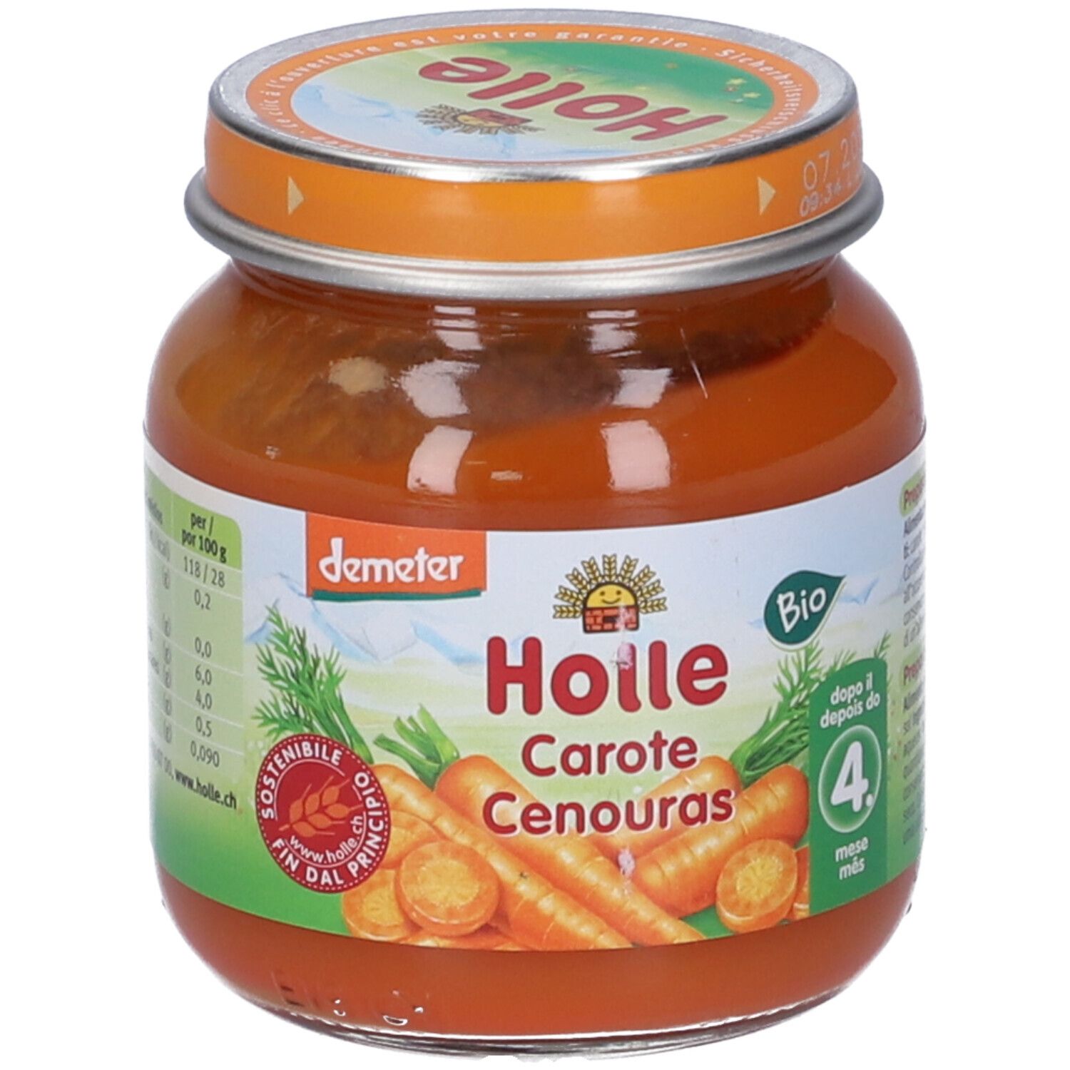 Vasetto di omogeneizzato di carote per bambini. Scritte: Holle, Carote, Cenouras. Logo Demeter e sigillo Bio. Età consigliata: 4+ mesi.