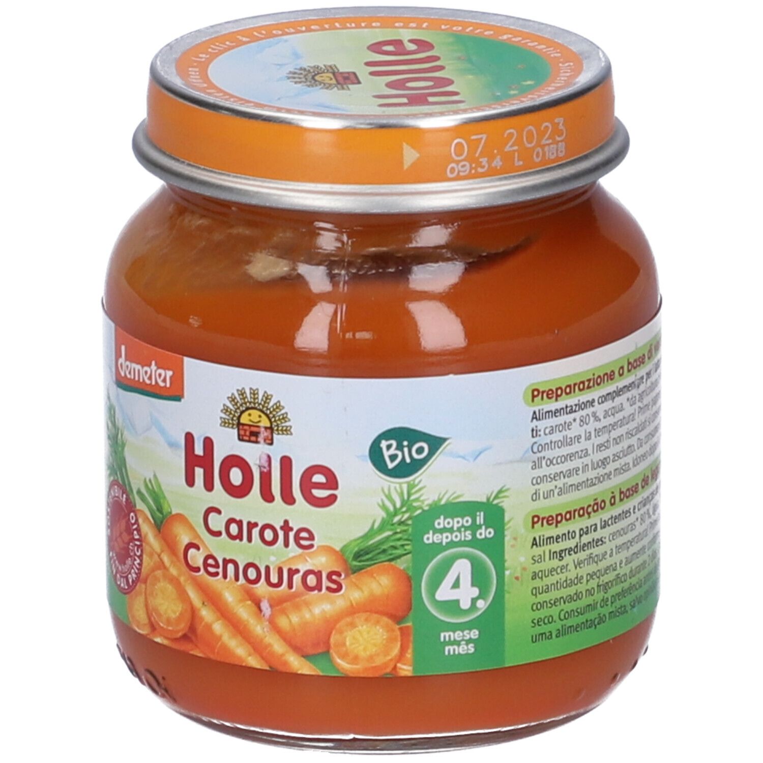 Vasetto di omogeneizzato di carote per bambini. Scritte: Holle, Carote, Cenouras. Logo Demeter e sigillo Bio. Data di scadenza.